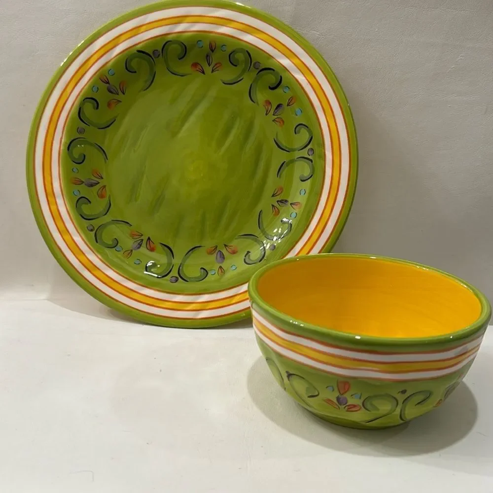 Pier 1 Pasilla Vibrant Green Yellow 10 3/4 In Plate & 5 1/2 Round Bowl 3 In Ta